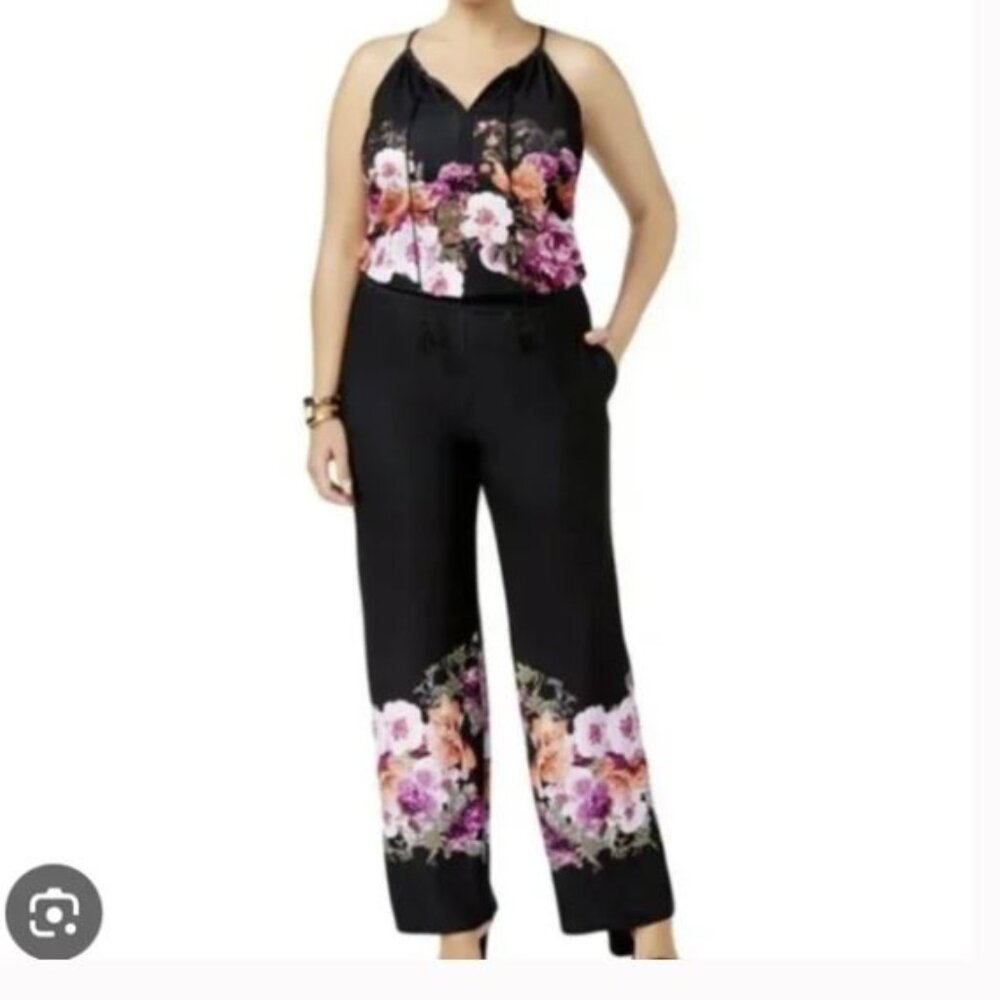 Inc Black Floral Wide Leg Sleeveless Jumpsuit Vacation Resort Cruise Size XL - Picture 2 of 5
